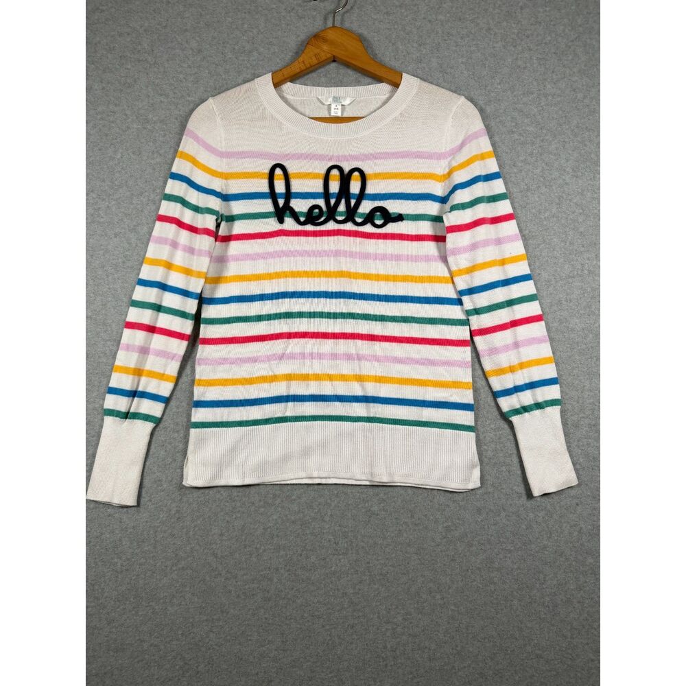 Time and Tru Women's S NWT Rainbow Stripe Hello Graphic Knit Sweater 0715